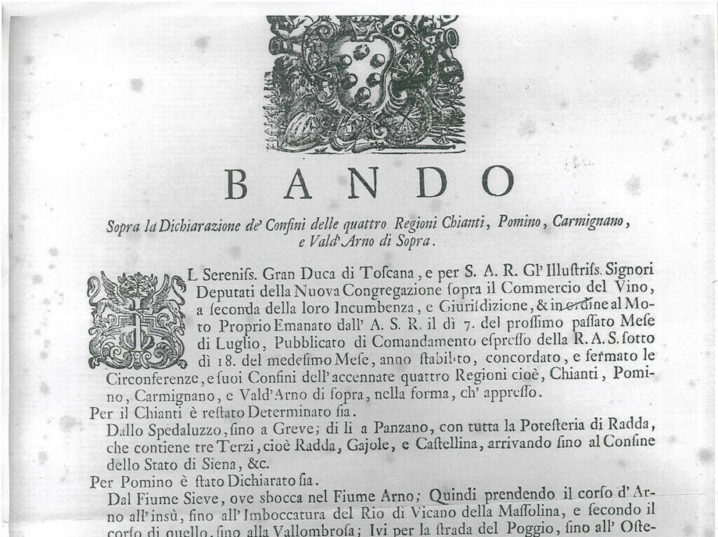 Cosimo III de' Medicis dokument fra 1716 om Chiantis vinzoner.