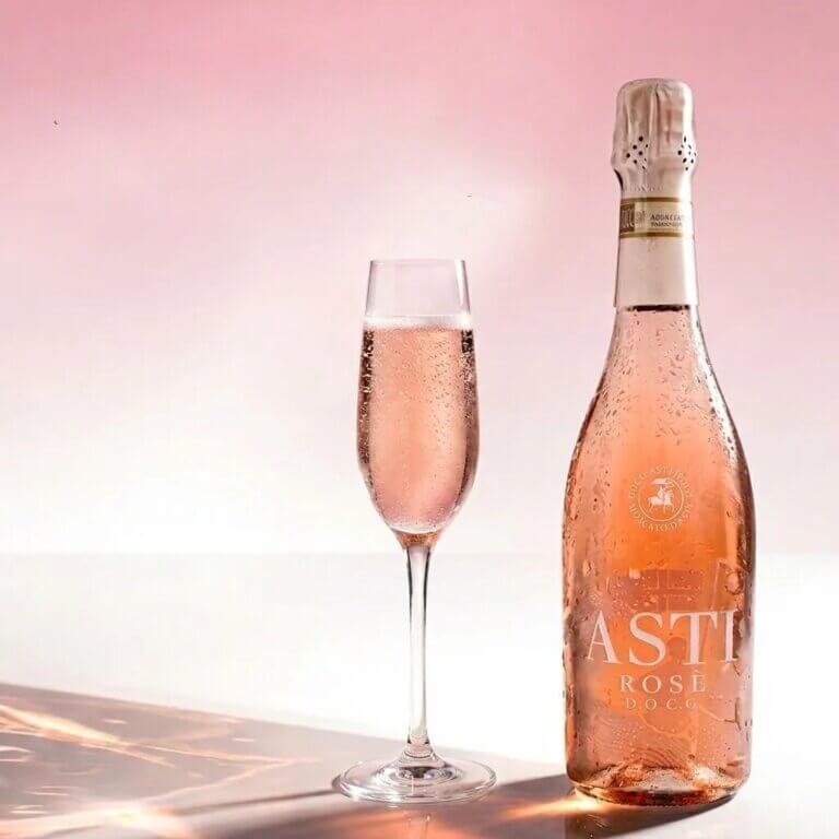En flaske Asti Rosé DOCG med pinkfarvet vin